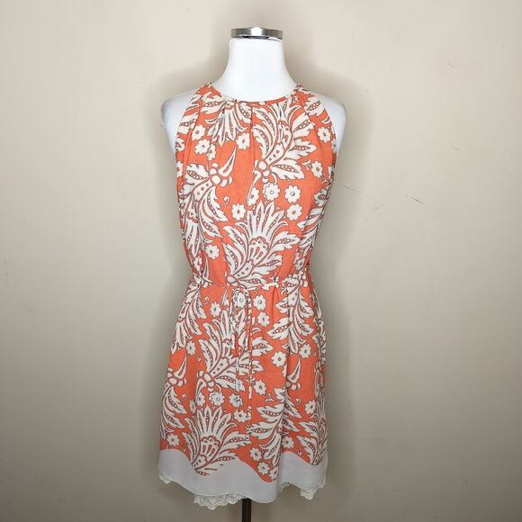 LOFT Floral Dress Tie Waist Lace Hem Sleeveless - Picture 1 of 10